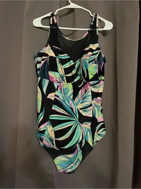 Torrid Black One-Piece Swimsuit with Tropical Leaf Print in Teal, Pink and Cream